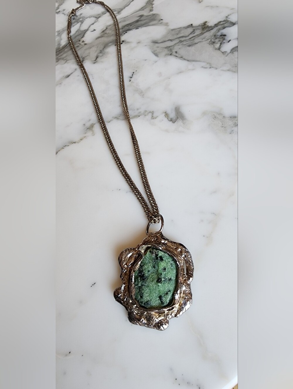 Vintage Dansk Smykkekunst D.S. Denmark Brutalist Green Stone Necklace - Picture 13 of 14